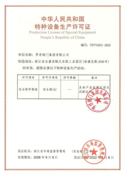 TS Production License Special Equipment Safety Valve